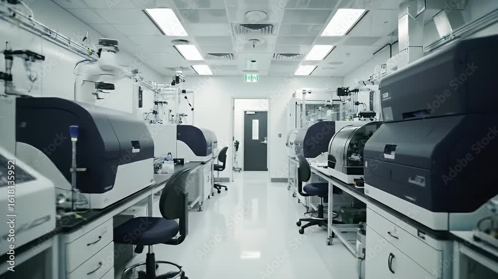 Sterile Synthetic RNA Circuit Design Facility with White and Gray Equipment Under Fluorescent Lighting Sterile Synthetic RNA Circuit Design Facility with White and Gray Equipment Under Fluorescent Lighting