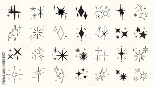 Collection of star and sparkle icons. Various star designs, sparkle shapes, and twinkling symbols. Perfect for design projects needing star or sparkle elements. Element vector set.