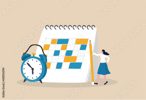 Work schedule or syllabus calendar, planning for appointment and event, project management timeline, or business deadline reminder concept, woman holding pencil with schedule calendar and alarm clock.