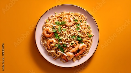 Shrimp Pad Thai on a pink plate against vibrant orange background, top view