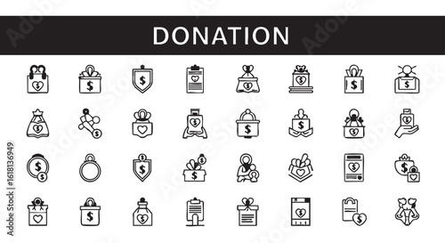 Donation Concept with Line Icons Depicting Different Forms of Giving and Financial Support for Charity Causes