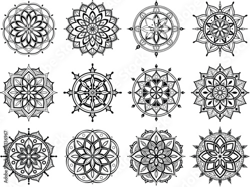 Intricate black and white mandala designs