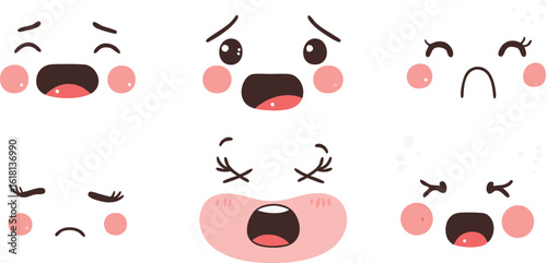 Cute Cartoon Faces Expressing Different Emotions on White Background Illustration
