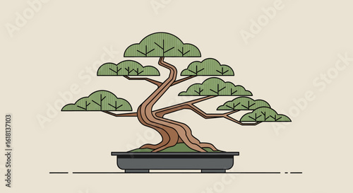 Stylized Illustration of a Miniature Potted Tree with a Twisted Trunk and Lush Green Canopy