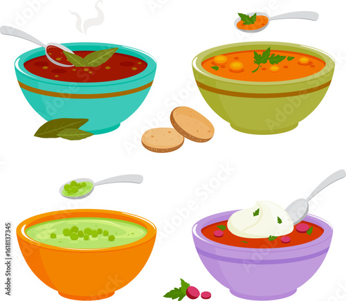 Bowls of soup with vegetables, legume, beans, green peas, Russian borscht soup and lentil soup. Collection of different types of soup. Vector illustration set