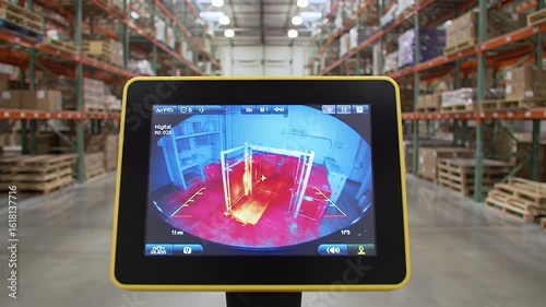 Thermal Camera Displaying Analytics Console in a Warehouse with Shelving and Boxes Heat Map Technology and Efficient Monitoring