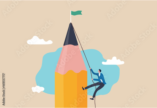 Creative challenge to reach goal and win business, idea, motivation and inspiration to achieve target concept, young creative man climbing pencil mountain to reach winning flag at the peak.