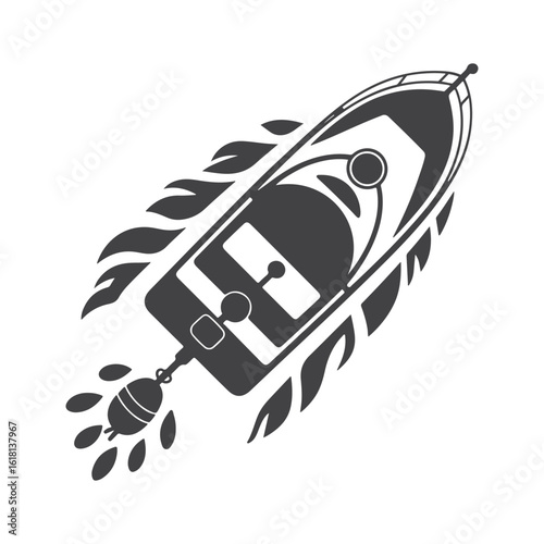 Dark grey motorboat with stylized water splashes and fishing lure watercraft