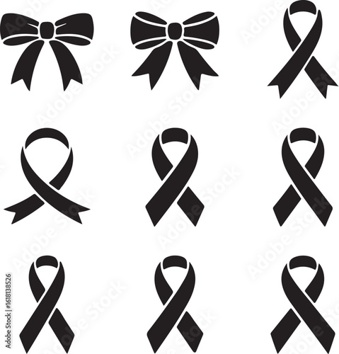Collection of black ribbon icons and bow symbols for awareness and support