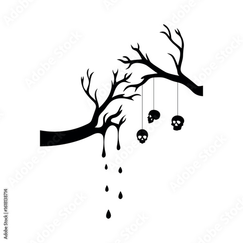 Black spooky tree with skulls and dripping liquid branch