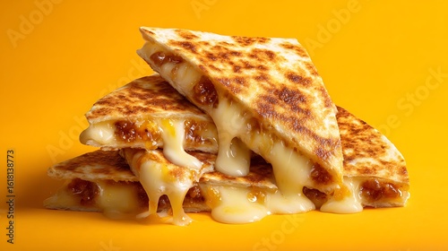 Stack of delicious cheese quesadillas oozing with melted cheese on a bright background