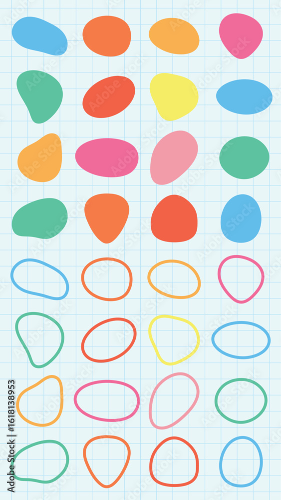 Fototapeta premium Colorful abstract shapes on a grid background. Vibrant shapes include circles and ovals. Abstract shapes in green, pink, yellow, and blue on grid. Pastel shapes, vector element set.