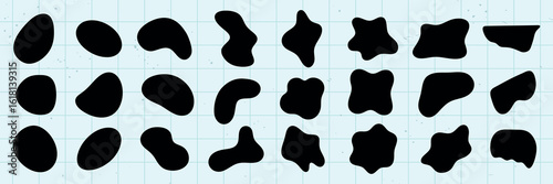 Abstract black shapes on a white background. Organic forms vary in size and contour. Abstract shapes create a dynamic, artistic pattern. Black shapes, abstract design. Black shape vector set.