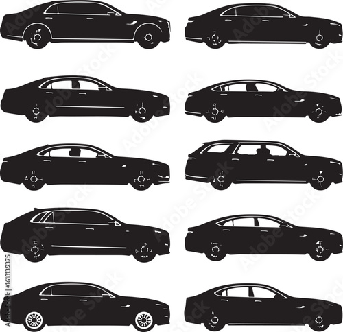 Various sedan and wagon car silhouettes black white