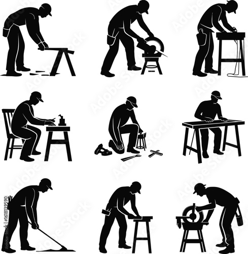 Silhouette Set of Skilled Workers Performing Carpentry and Woodworking Tasks with Tools in Workshop for Construction and DIY Themes