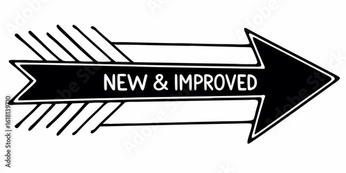 A black arrow pointing right with the text new and improved written inside the arrow in white font