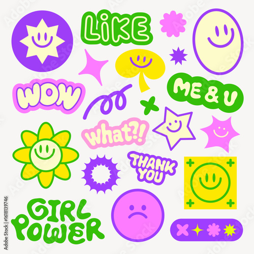 Colorful stickers with words like 'WOW', 'LIKE', 'GIRL POWER', and 'THANK YOU' Smiley faces and stars in vibrant pink, green, and yellow Funky stickers, vector set