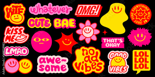 Colorful stickers with phrases like 'cute', 'awesome', 'good vibes', and 'LOL' Bright designs with smiley faces and playful text Fun and vibrant vibes Funky stickers, vector set