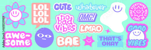 Colorful stickers with phrases like 'LOL', 'cute', 'no bad vibes', 'awesome', 'good vibes', and 'that's okay' Fun, playful, and vibrant designs Funky stickers, vector set
