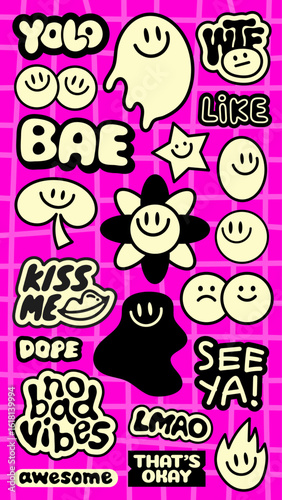 Playful stickers with smiley faces, stars, and phrases like 'YOLO' and 'BAE' on a pink grid background Fun, quirky, and expressive design elements Funky stickers, vector set