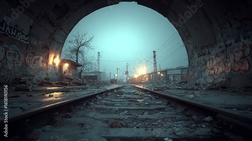 Abandoned railway underpass with graffiti and debris at dusk in urban decay scene.
