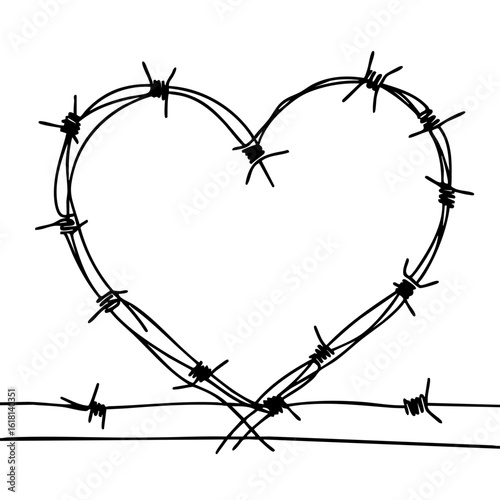 Barbed wire forming heart shape on white background  