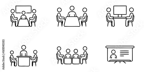 Business meeting and presentations with line icons for teams  
