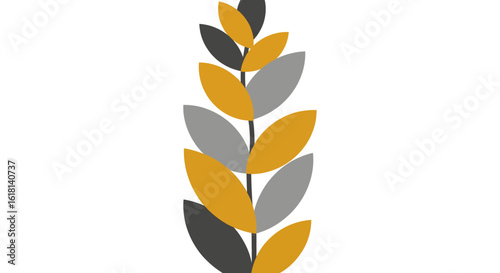 Minimalist geometric plant stalk illustration. A stylized whisk of grain with gold, grey, and black leaves, perfect for a modern logo.
