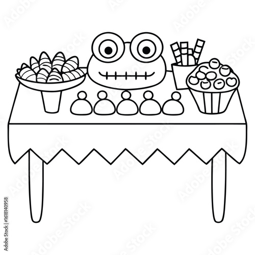 Cartoon frog with sweets on a table pastries