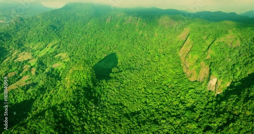 Aerial Panorama of Sunset Over Forest Peaks