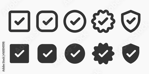 Set of check mark icons in various styles. Check marks in squares, circles, and shields. Simple and bold check mark designs on a grid background. Vector element set.