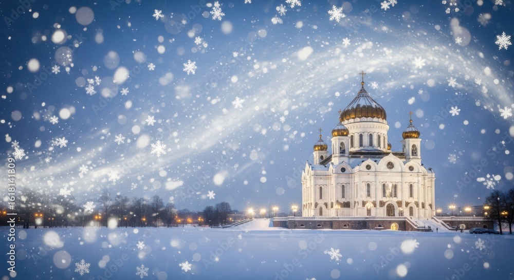 Obraz premium Majestic Cathedral Illuminated by Snowy Enchantment Under a Starry Sky
