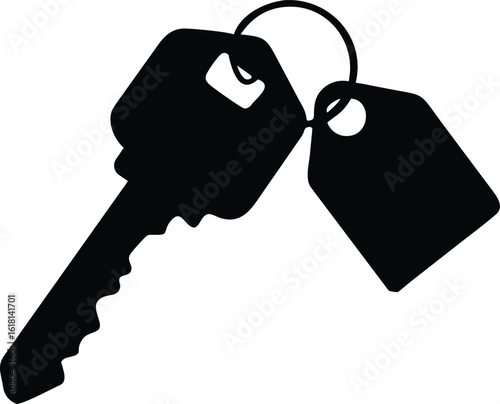 House Key with Keychain Vector – Real Estate and Security Icon. Black Key Silhouette Vector – Access, Lock, and Home Security Design.