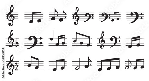 Collection of Musical Notes and Symbols on Staff Lines Vector Illustration for Music Education and Creative Projects