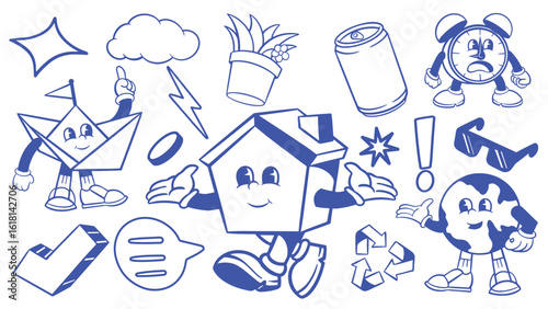 Cartoon doodles: house, clock, globe, paper boat. Fun, playful sketches. Cartoon style, doodles, whimsical. Playful cartoon doodles, creative sketches. Cute cartoon elements, vector set.