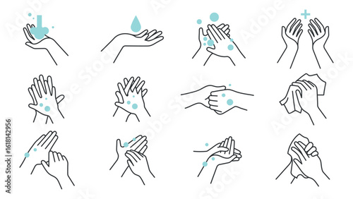 Illustration of handwashing steps. Hands with soap, water, bubbles. Step-by-step handwashing guide. Clean hands, hygiene, handwashing process. Hygiene illustrations, vector set.