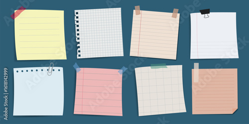 Colorful sticky notes and paper sheets. Sticky notes in various colors. Paper sheets with tape. Sticky notes and paper for reminders. Sticky notes collection. Pastel set with copy space. Vectors.