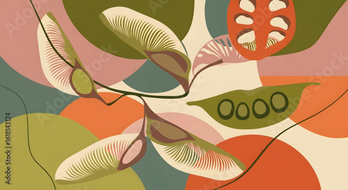 A modern whisk of botanical elements. Abstract composition with swirling maple seeds and pea pods on a colorful background.
