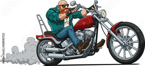 Tough Biker Riding Chopper Motorcycle in Action – Cool Cartoon Character Illustration for Biker Culture, Adventure, and Lifestyle Concepts