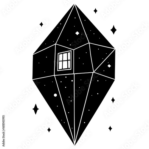 "Floating crystal house in a night sky filled with stars, galaxies reflecting on glass surfaces, surreal cosmic dream"
