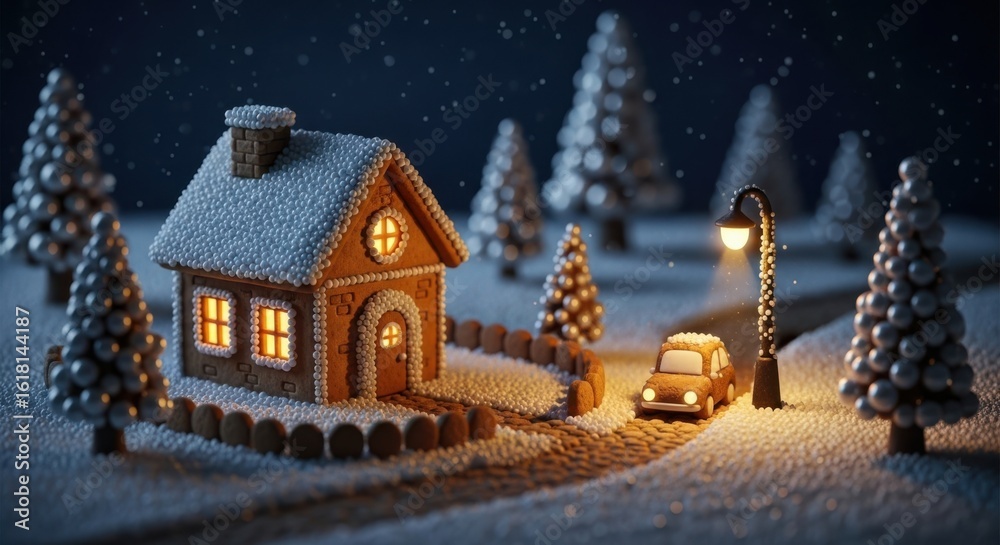 Fototapeta premium Cozy Gingerbread House in a Snowy Winter Wonderland Scene