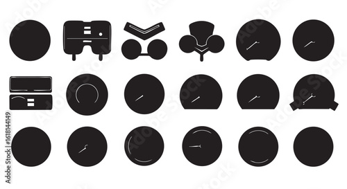 Collection of Silhouette Icons Representing Diverse Automotive Components and Gauges for Vehicle Design and Repair