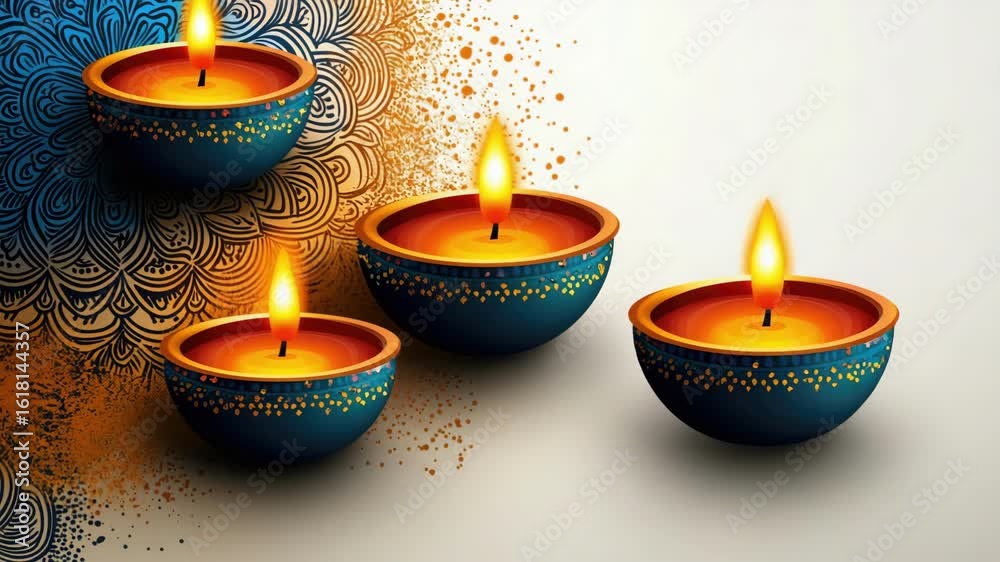 Three lit diwali diya lamps with ornate patterns and colorful abstract background for indian festival greeting card. Diwali, Deepavali, Festival Lights, Dipawali - Hindu Celebration, Indian Festival