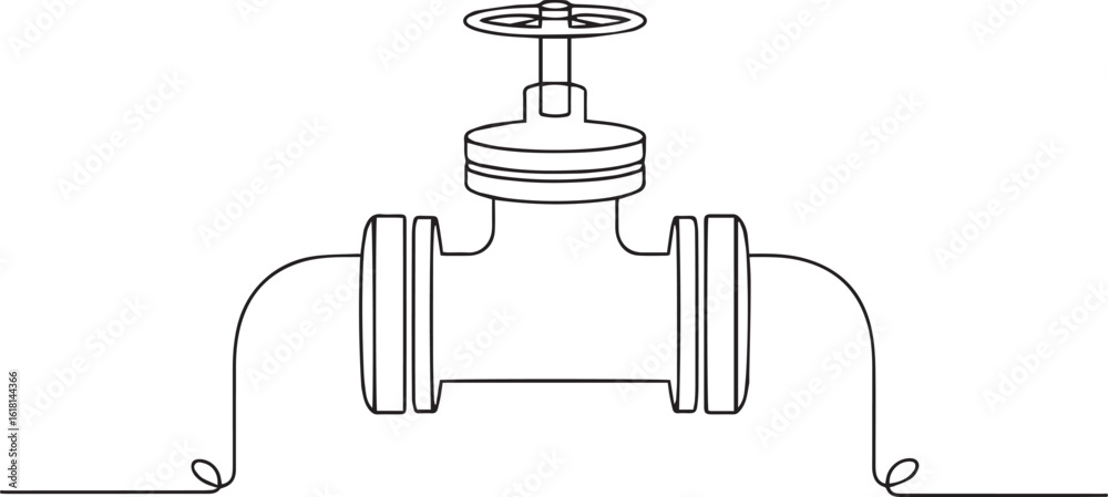 Obraz premium Continuous one line drawing of an industrial piping system with valve and pipe fittings, representing gas or oil pipeline infrastructure