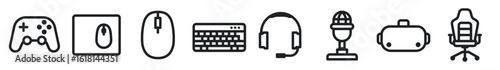 PC gaming equipment icon set. 48x48 pixels size. gamepad, mouse pad, mouse, keyboard, headset, vr helmet, gaming chair icon sheet.