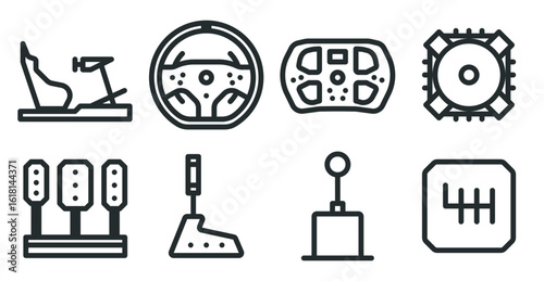 Sim racing setup icon set. Racing simulator gear - cockpit, steering wheel, steering wheel base, pedal set, handbrake, gear shifter. 48x48 px