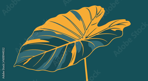 Stylized illustration of a large tropical taro leaf in a minimalist graphic style with a yellow and teal design