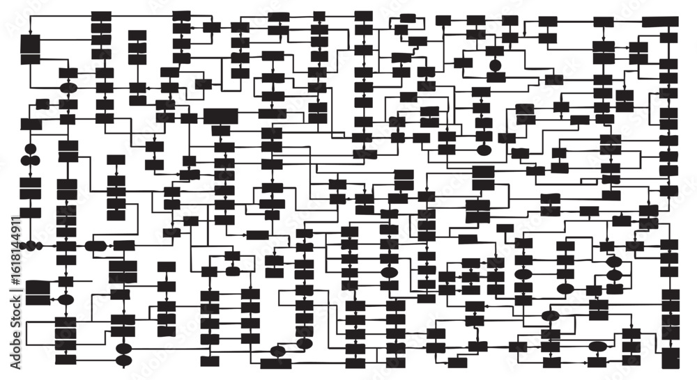 Fototapeta premium Complex Algorithm Visualization Black and White Diagram of Interconnected Processes and Data Flow