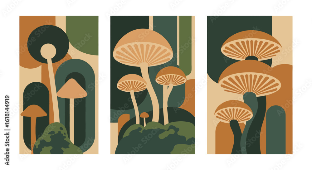 Fototapeta premium Bohemian Mushroom Trio Abstract Vintage Botanical Wall Art with Earthy Tones