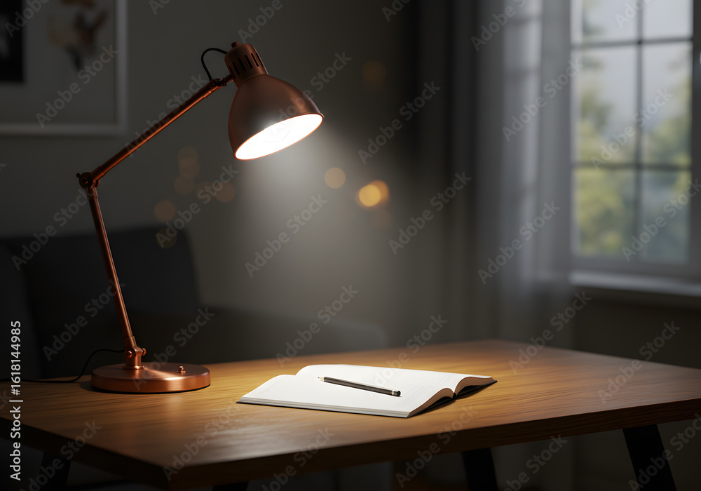 Desk lamp illuminates notebook on wooden table for study or work Desk lamp illuminates notebook on wooden table for study or work